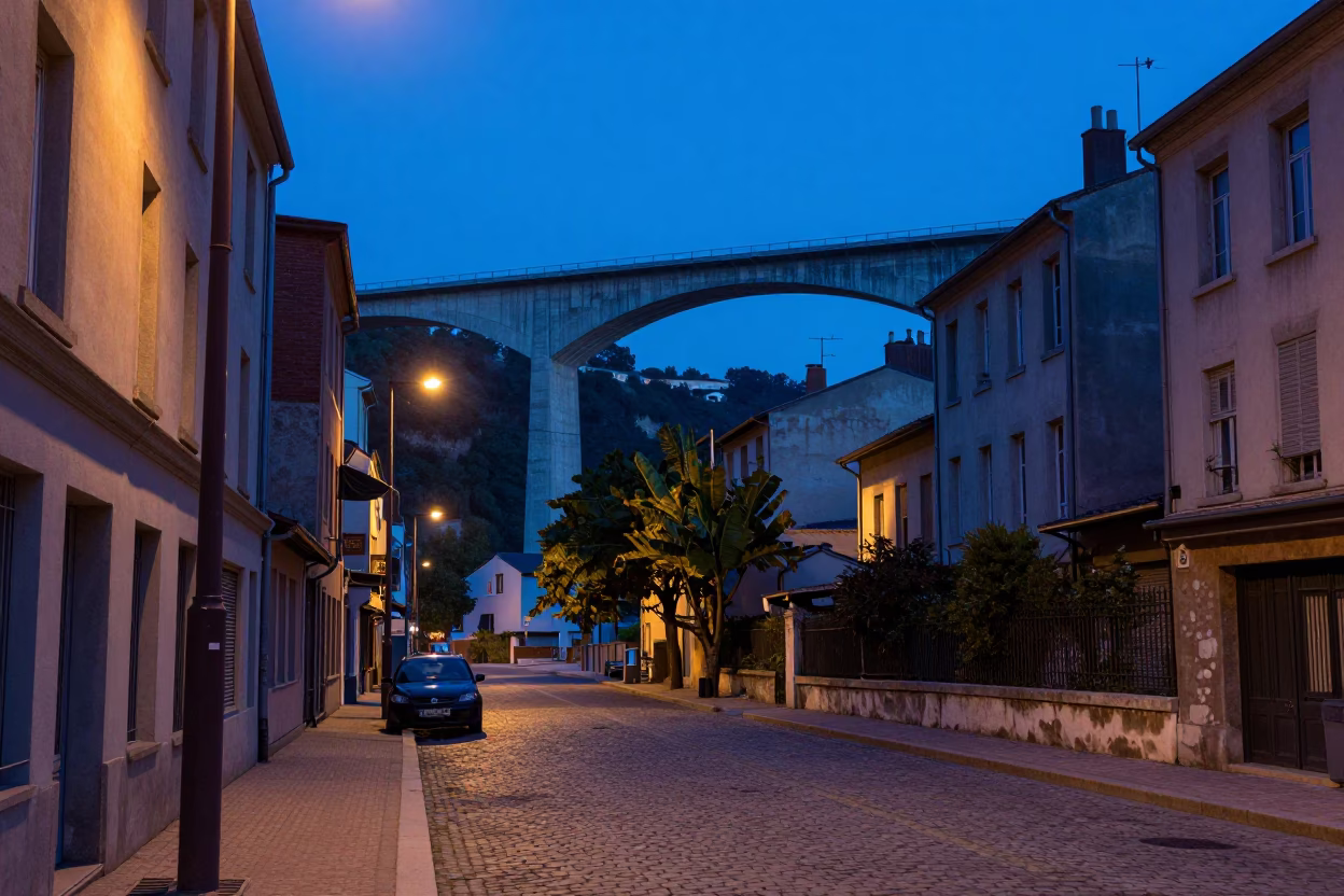 Evening Street Scene in Lyon France with Concrete Viaduct and Local Life in in Lyon, France
