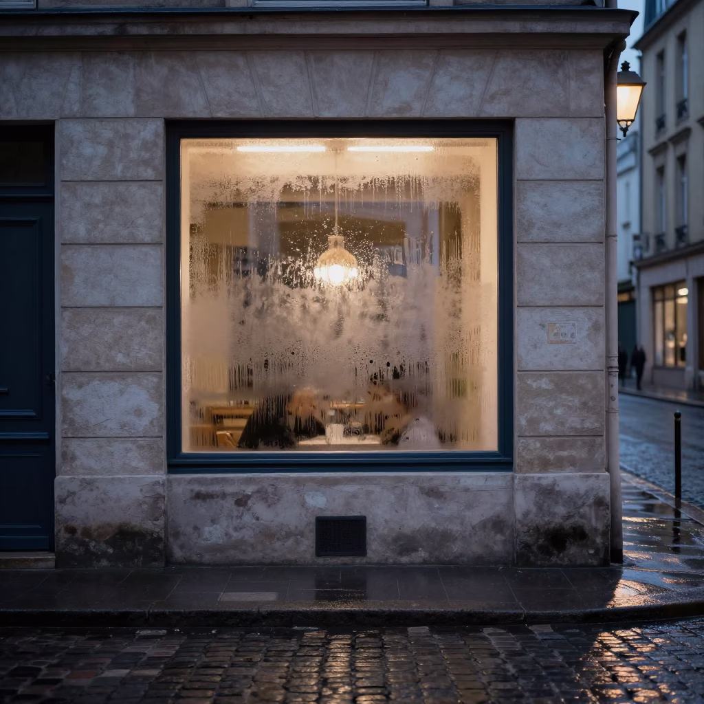 Evening Street Scene in Lyon France with Condensation on Window Glass and Urban Details in in Lyon, France