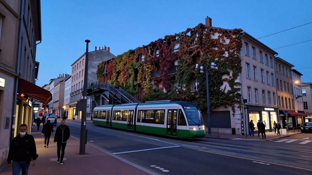 Evening Street Scene in Lyon France with Funicular Railway and Local Pedestrians in in Lyon, France