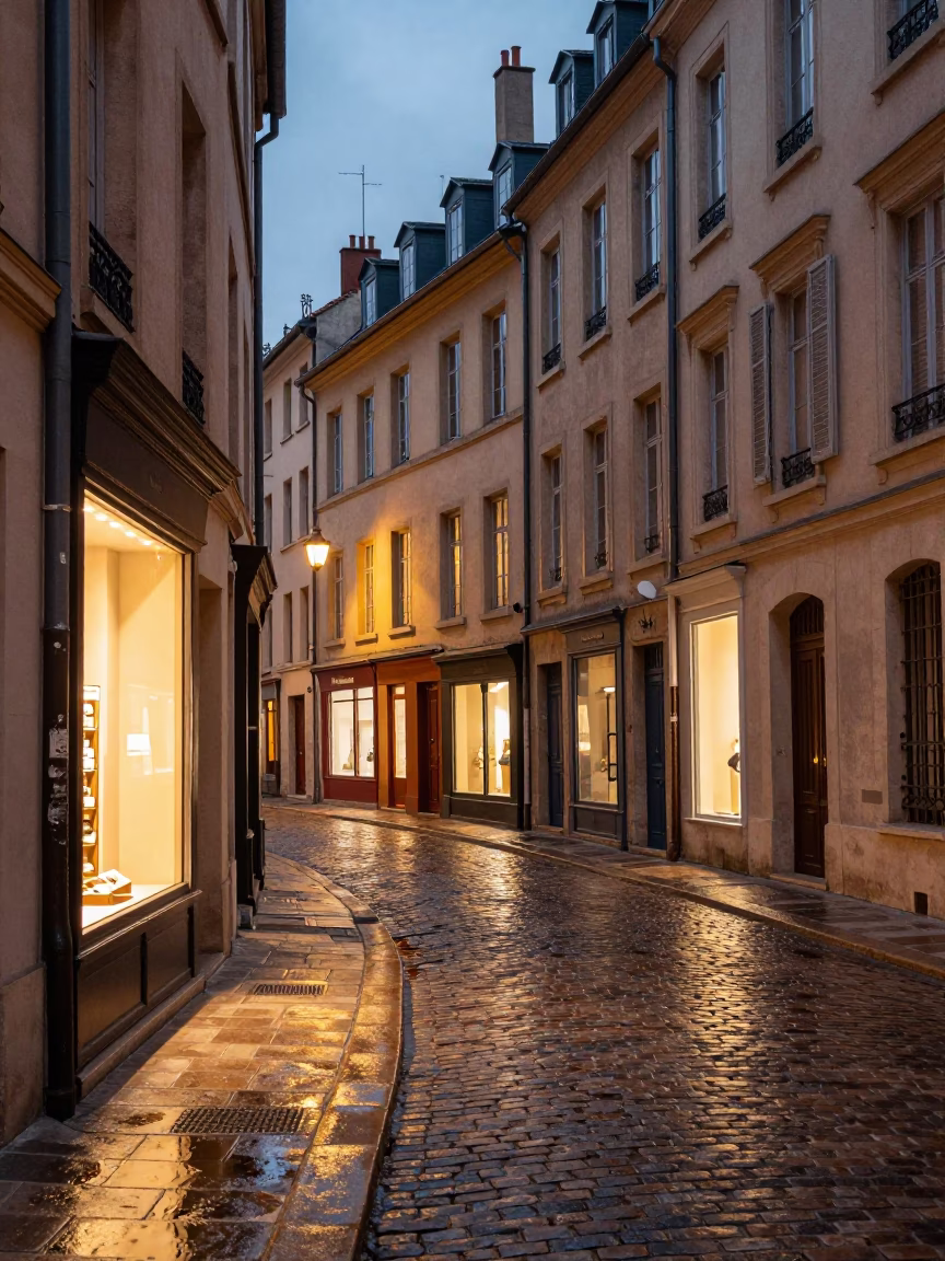 Evening street scene in Lyon France with glowing shop windows and vintage 1980s ambiance in in Lyon, France