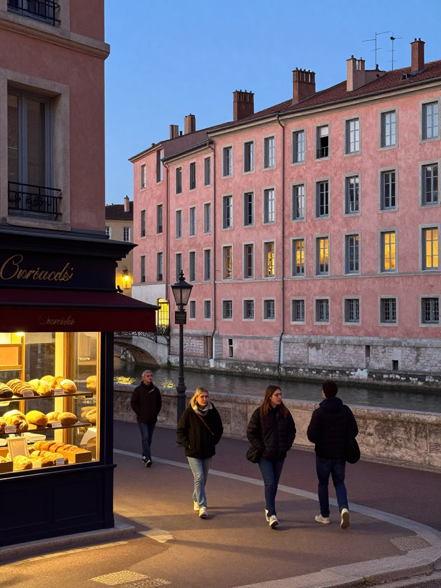 Evening Street Scene in Lyon France with Historic Architecture and City Lights in in Lyon, France