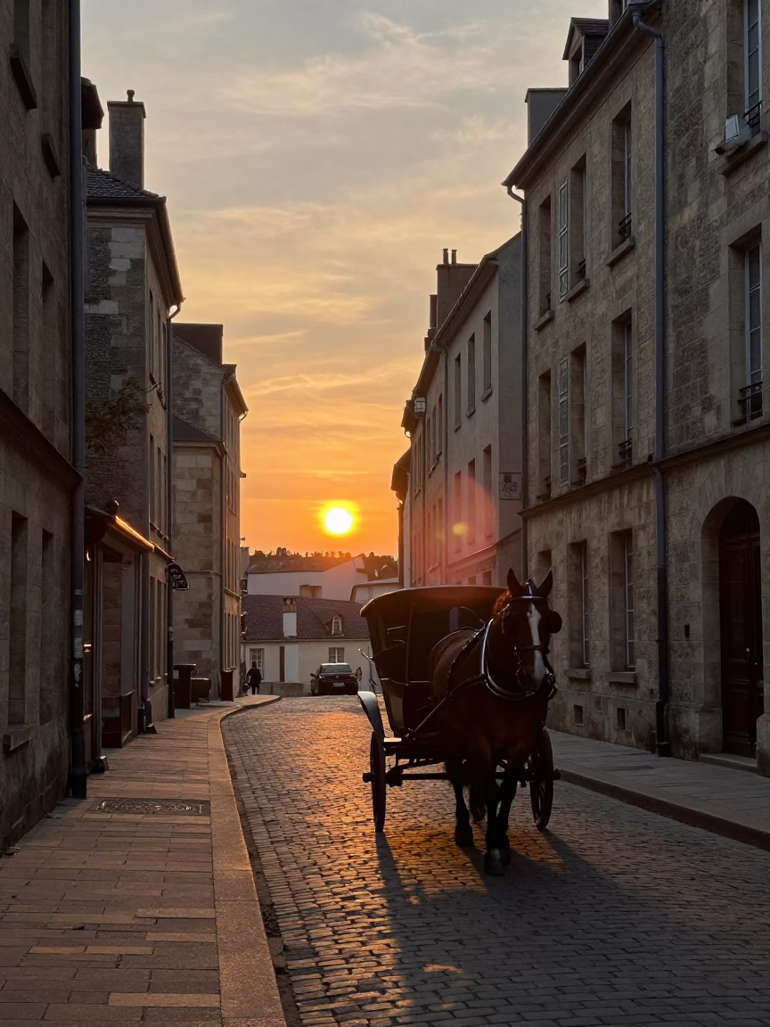 Evening Street Scene in Lyon France with Horse Drawn Cart and Japanese Maple in in Lyon, France