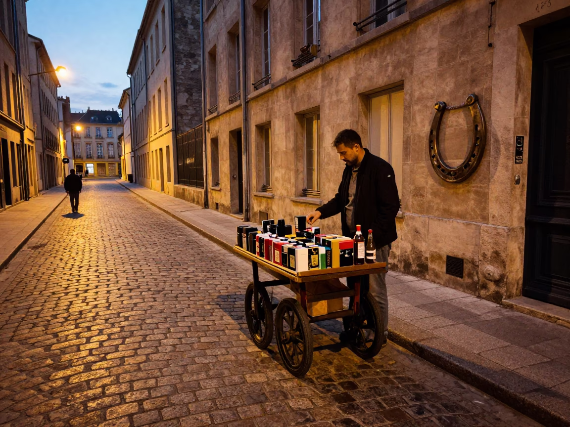 Evening Street Scene in Lyon France with Horseshoe Magnet and Bottle Opener in in Lyon, France
