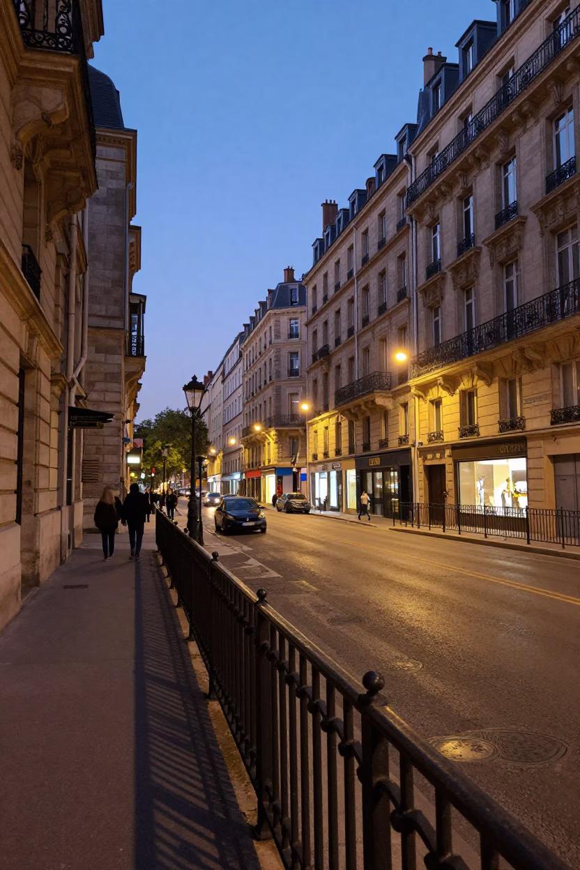 Evening Street Scene in Lyon France with Iron Railings and City Lights in in Lyon, France