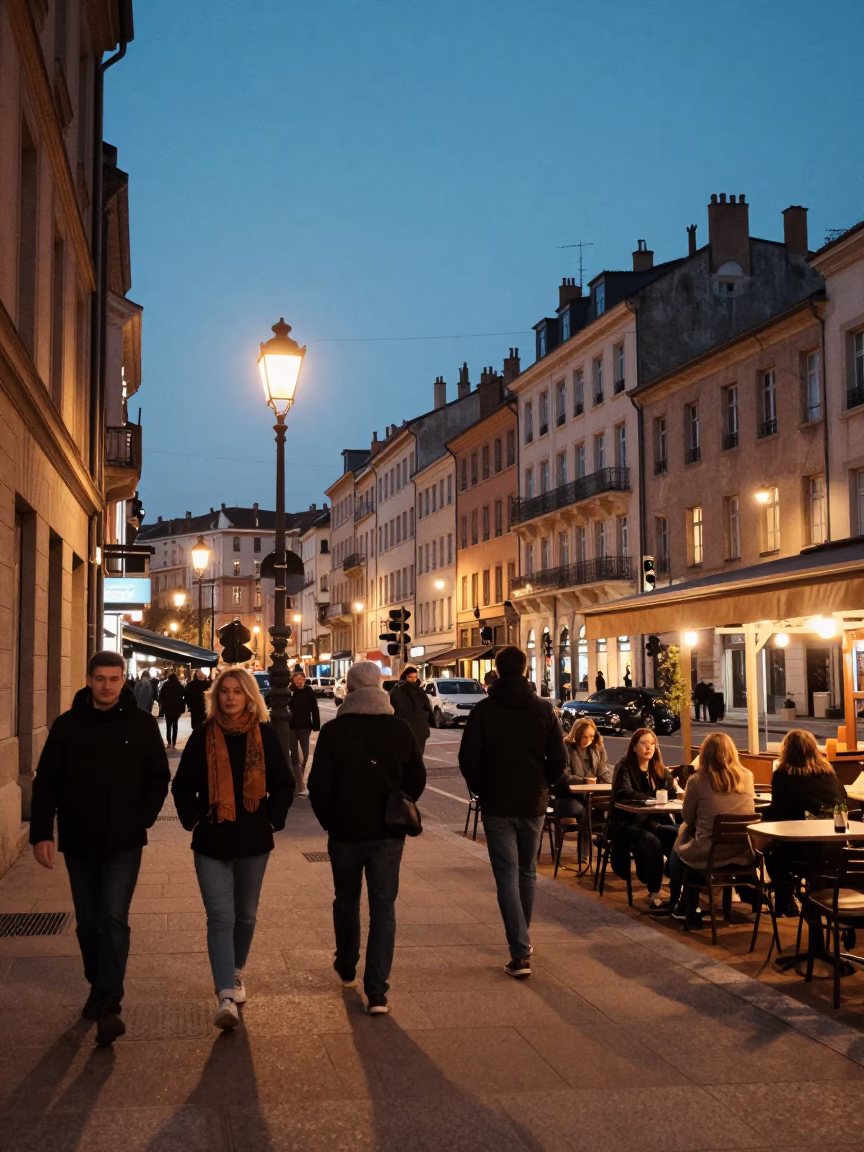 Evening Street Scene in Lyon France with Lanterns and Urban Life in in Lyon, France