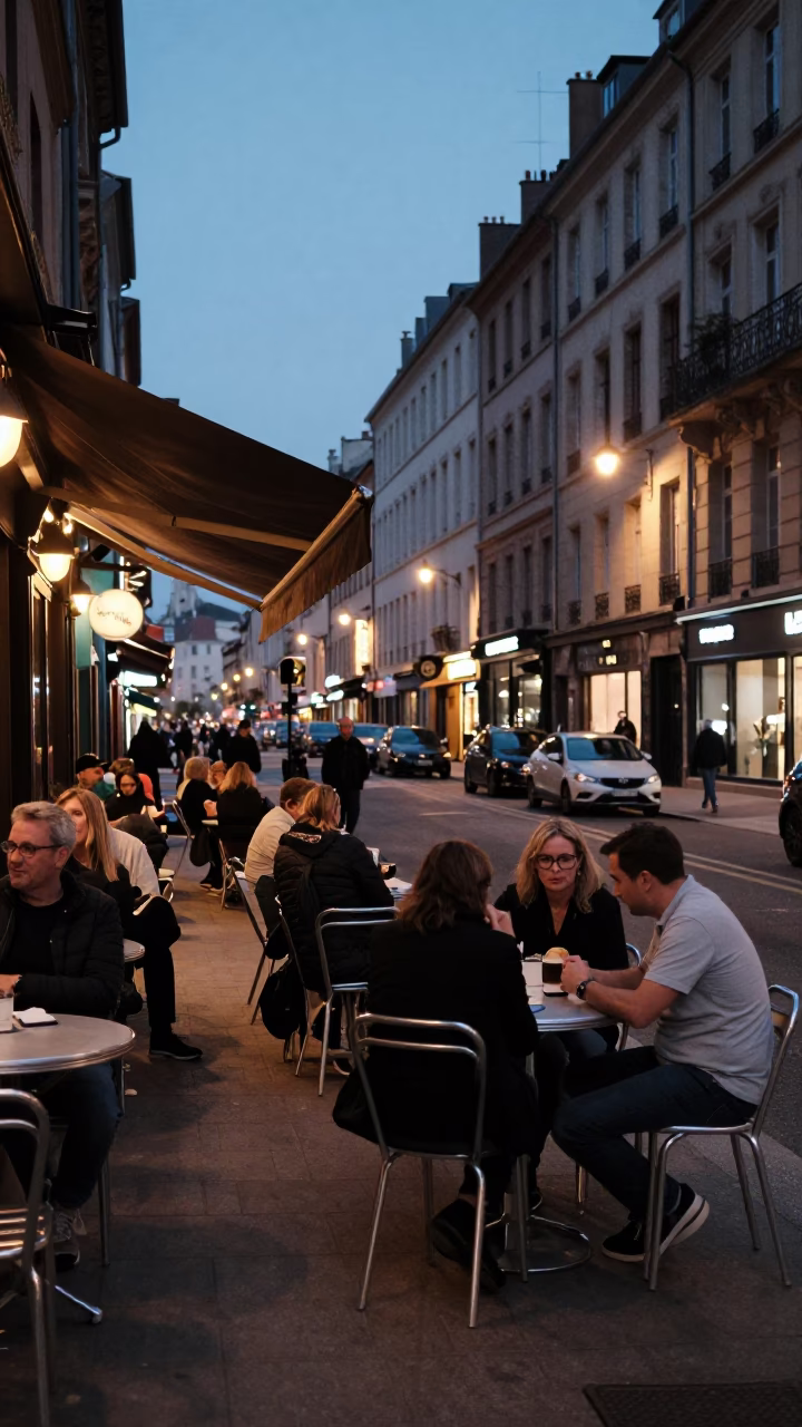 Evening Street Scene in Lyon France with Local Cafe Diners and City Lights in in Lyon, France