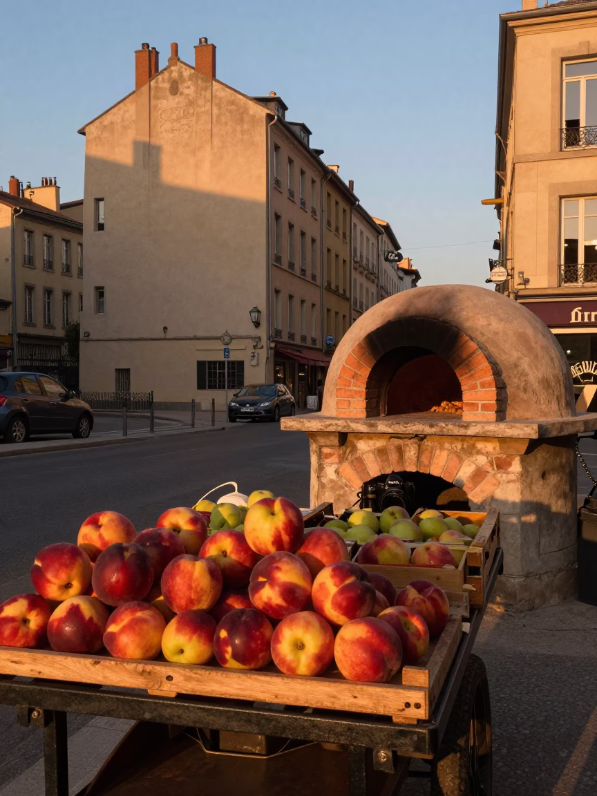 Evening Street Scene in Lyon France with Nectarines and Brick Oven Pizza in in Lyon, France