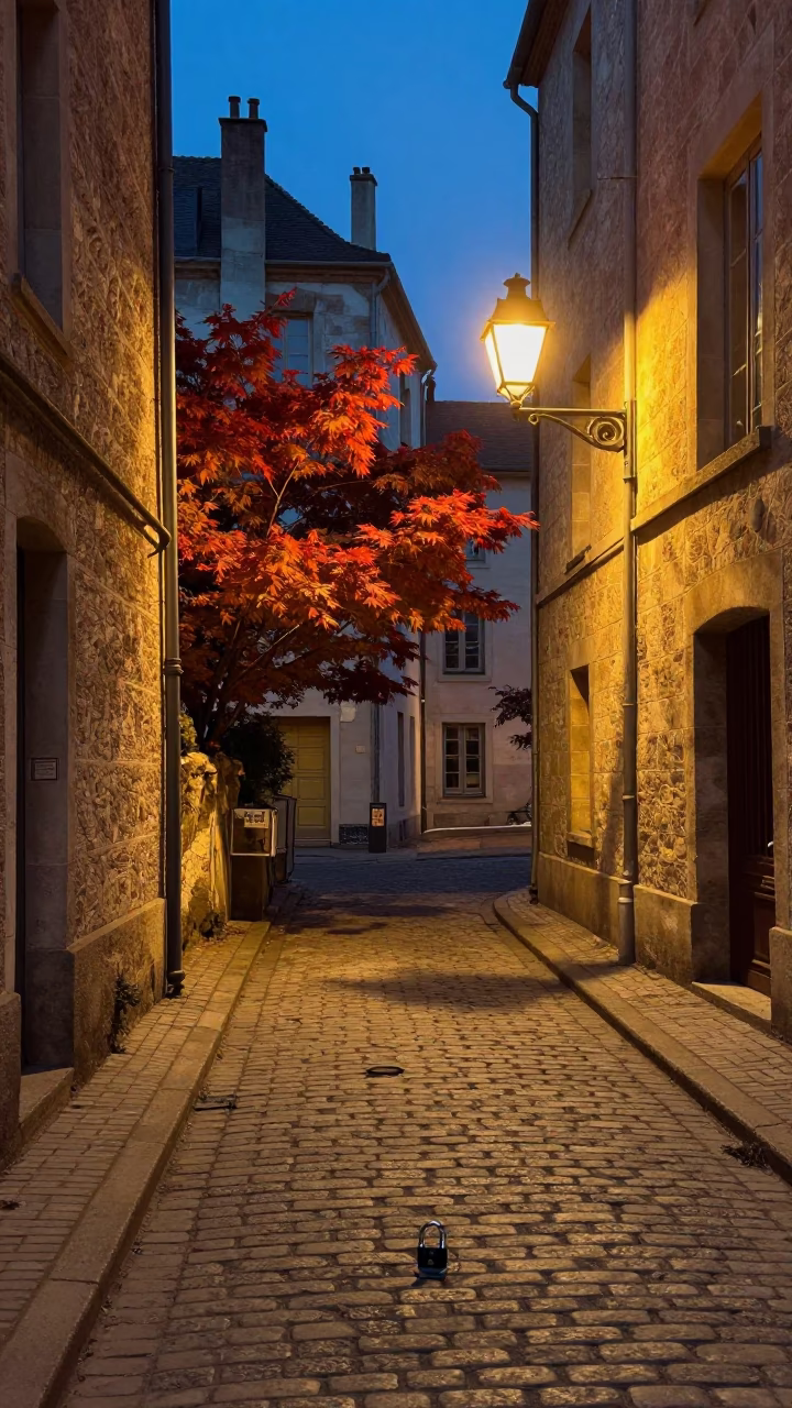 Evening Street Scene in Lyon France with Padlock and Autumn Maple in in Lyon, France