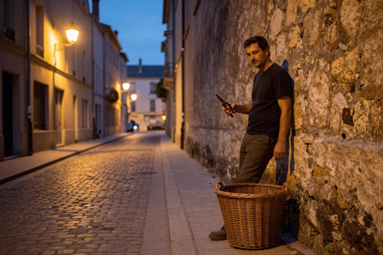 Evening Street Scene in Lyon France with Pruning Shears and Wicker Shadow in in Lyon, France