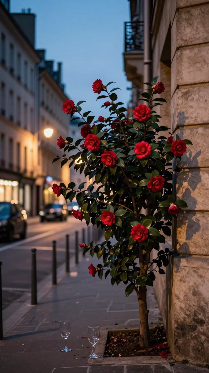 Evening Street Scene in Lyon France with Red Camellia and Glassware in in Lyon, France