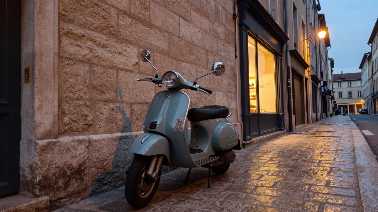 Evening Street Scene in Lyon France with Scooter and Urban Details in in Lyon, France
