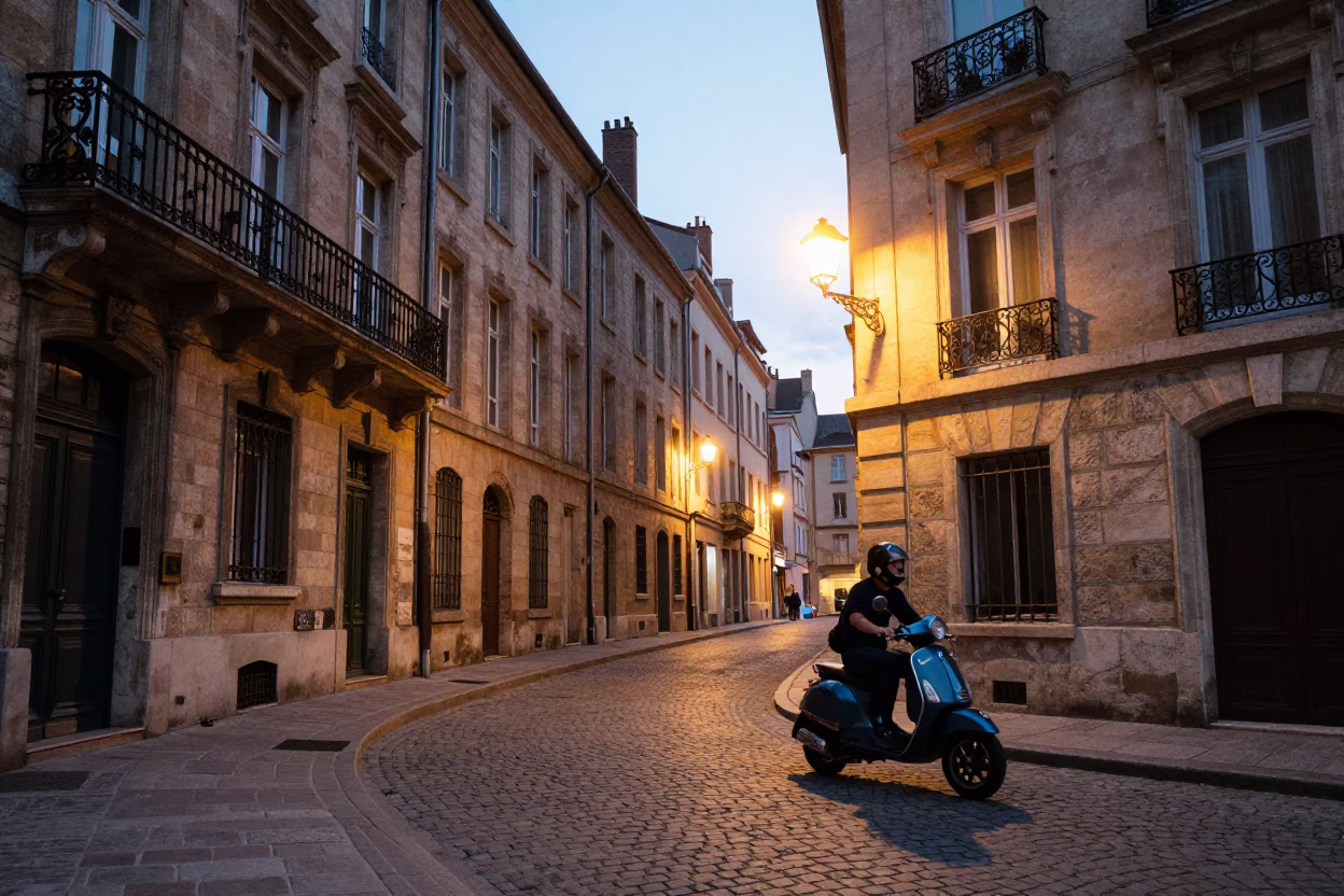 Evening Street Scene in Lyon France with Scooter Passing Historic Stone Architecture in in Lyon, France