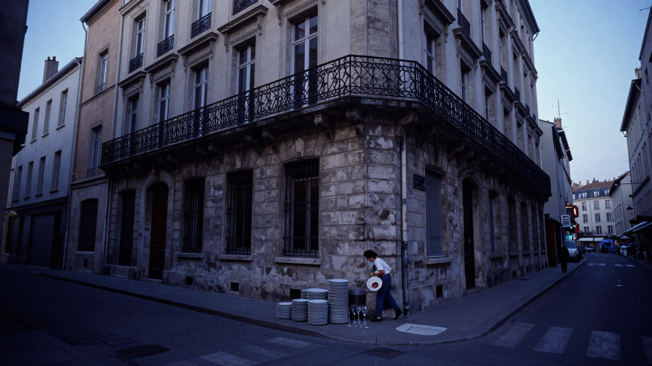 Evening Street Scene in Lyon France with Stacked Plates and Glass Pitcher in in Lyon, France