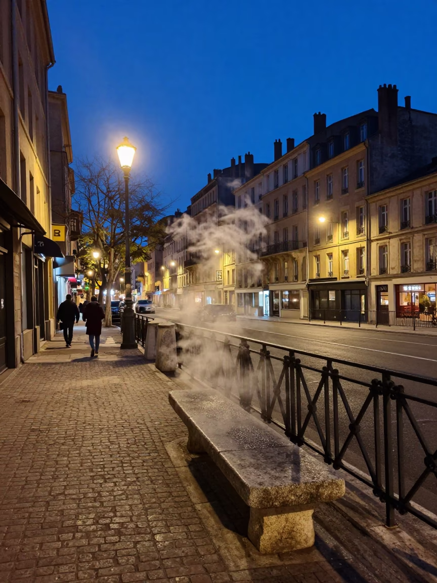 Evening Street Scene in Lyon France with Stone Bench and Steam Haze in in Lyon, France