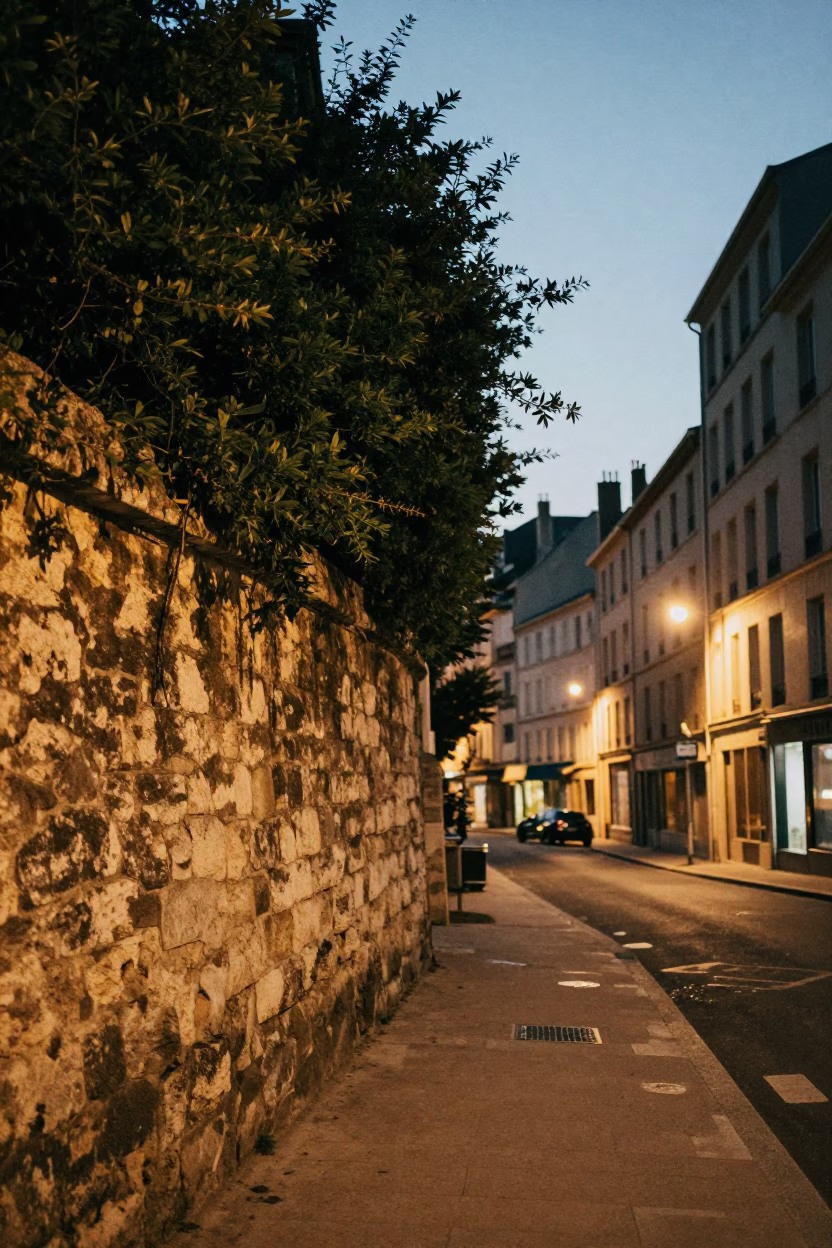 Evening Street Scene in Lyon France with Stone Walls and Greenery in in Lyon, France