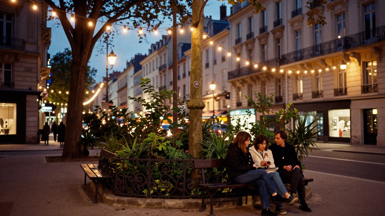 Evening Street Scene in Lyon France with String Lights and Garden Benches in in Lyon, France