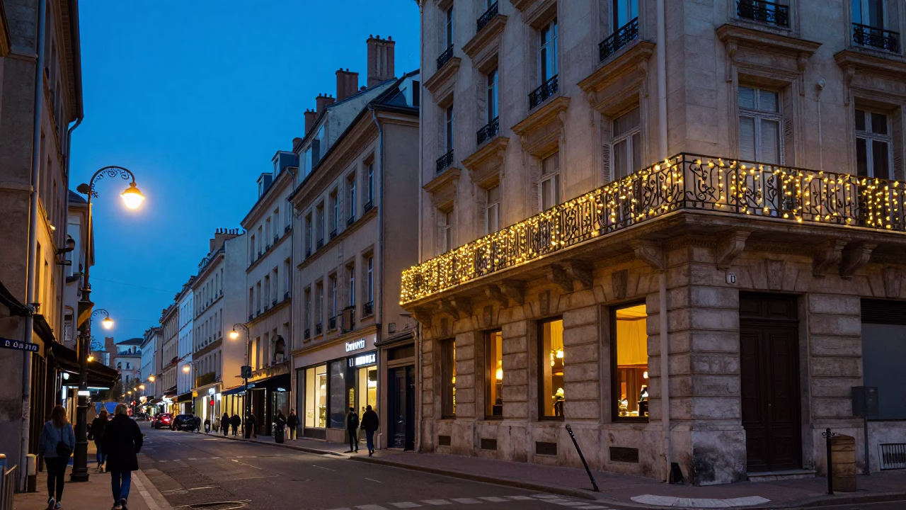 Evening Street Scene in Lyon France with String Lights and Urban Details in in Lyon, France