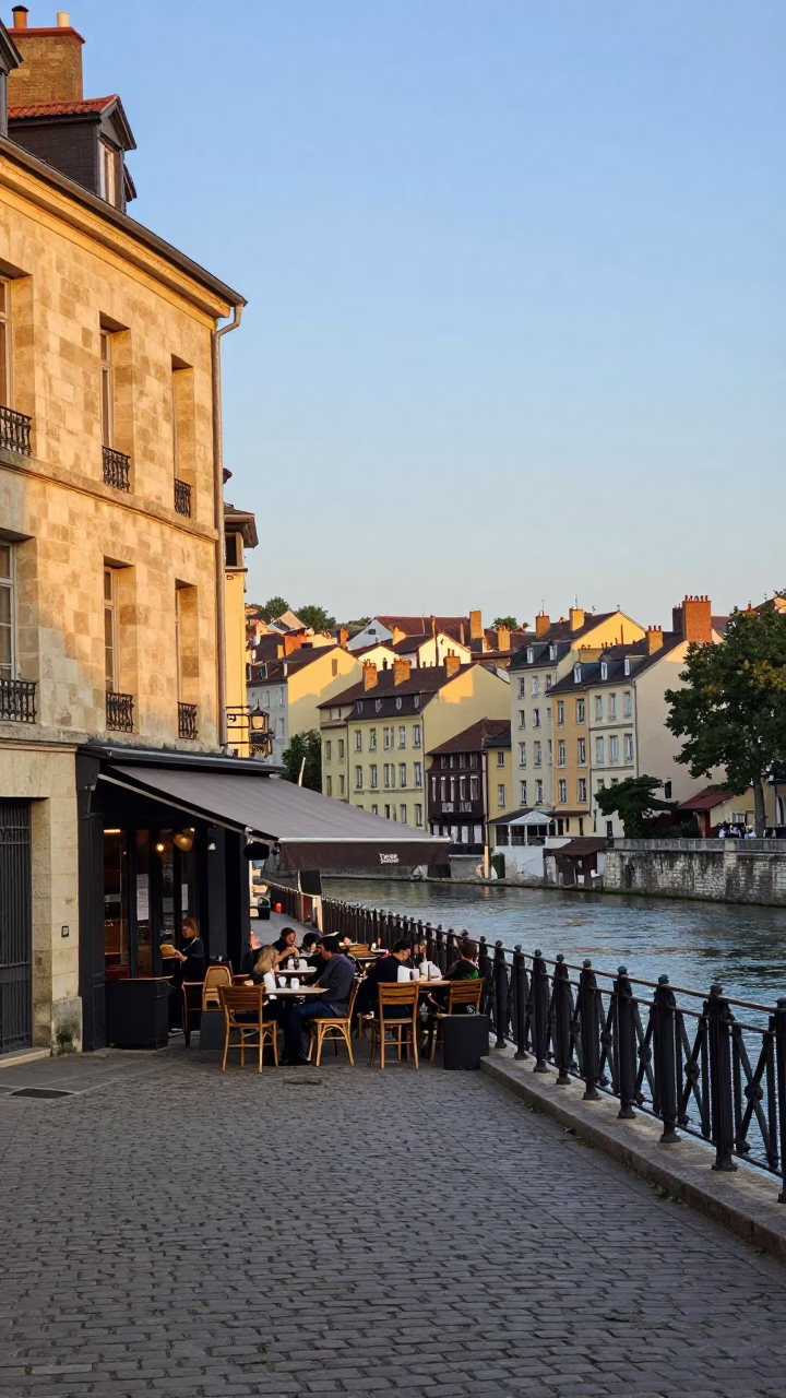 Evening Street Scene in Lyon France with Traditional Architecture and Local Dining in in Lyon, France