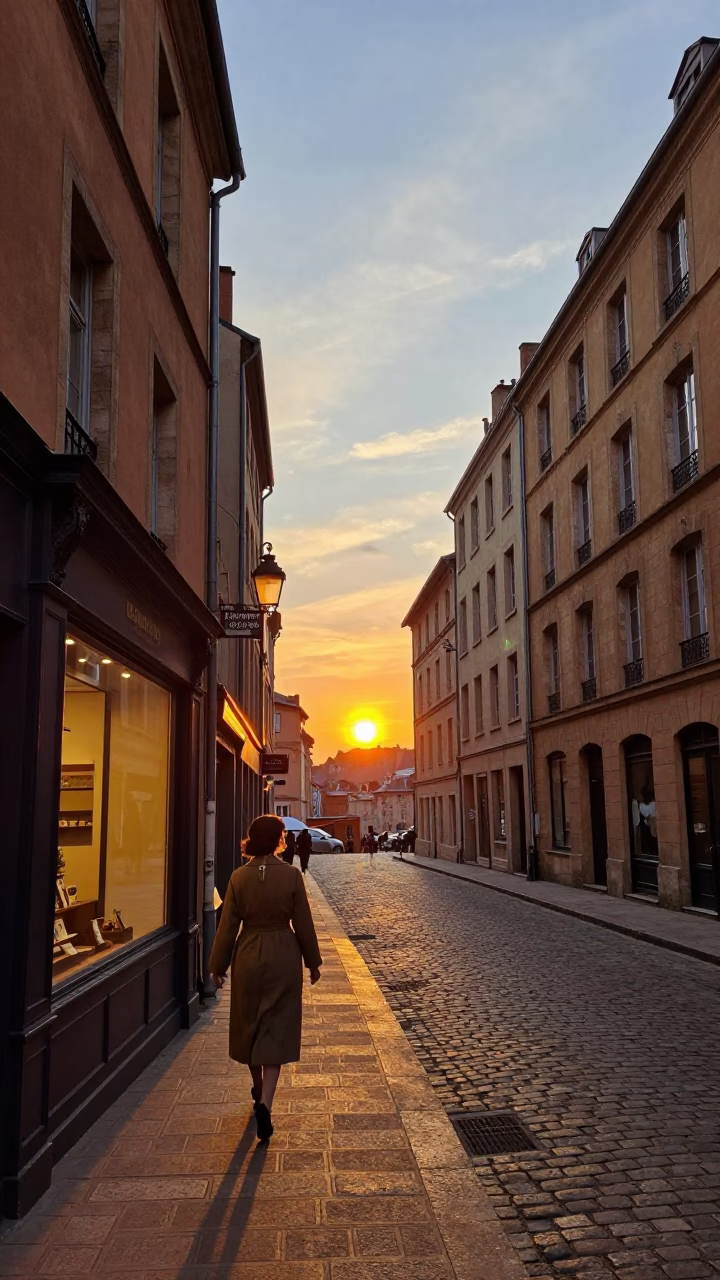 Evening Street Scene in Lyon France with Traditional Architecture and Sunset Light in in Lyon, France
