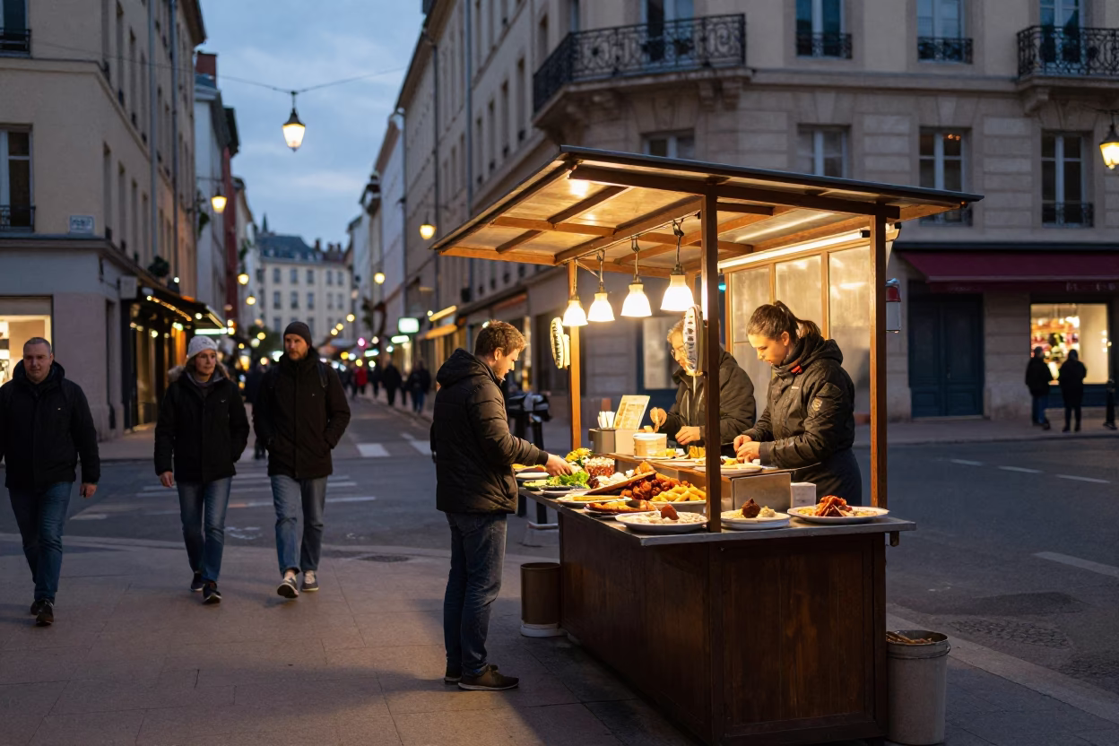 Evening Street Scene in Lyon France with Traditional Food Stall and City Lights in in Lyon, France