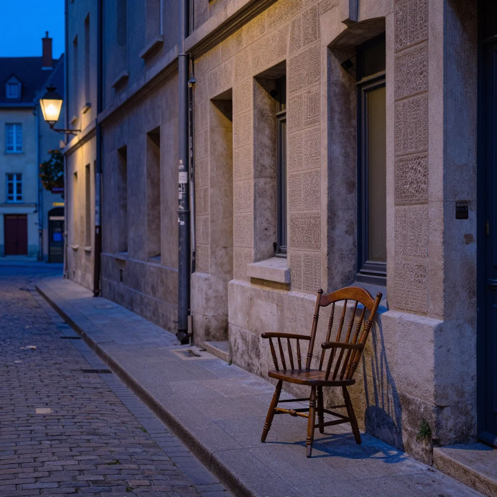 Evening street scene in Lyon France with traditional spindle chair and faded wall photos in in Lyon, France