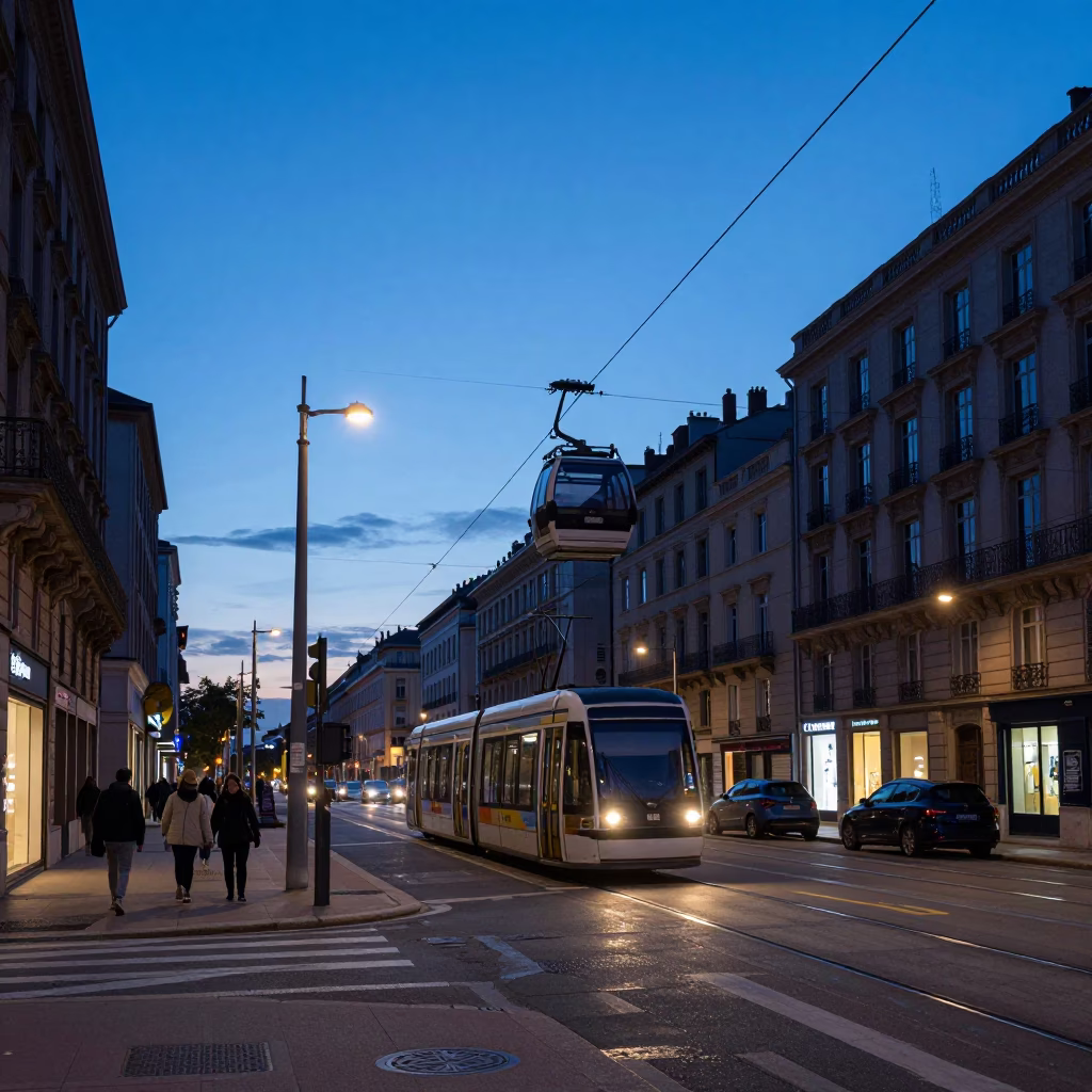 Evening Street Scene in Lyon France with Tramway and Urban Life in in Lyon, France