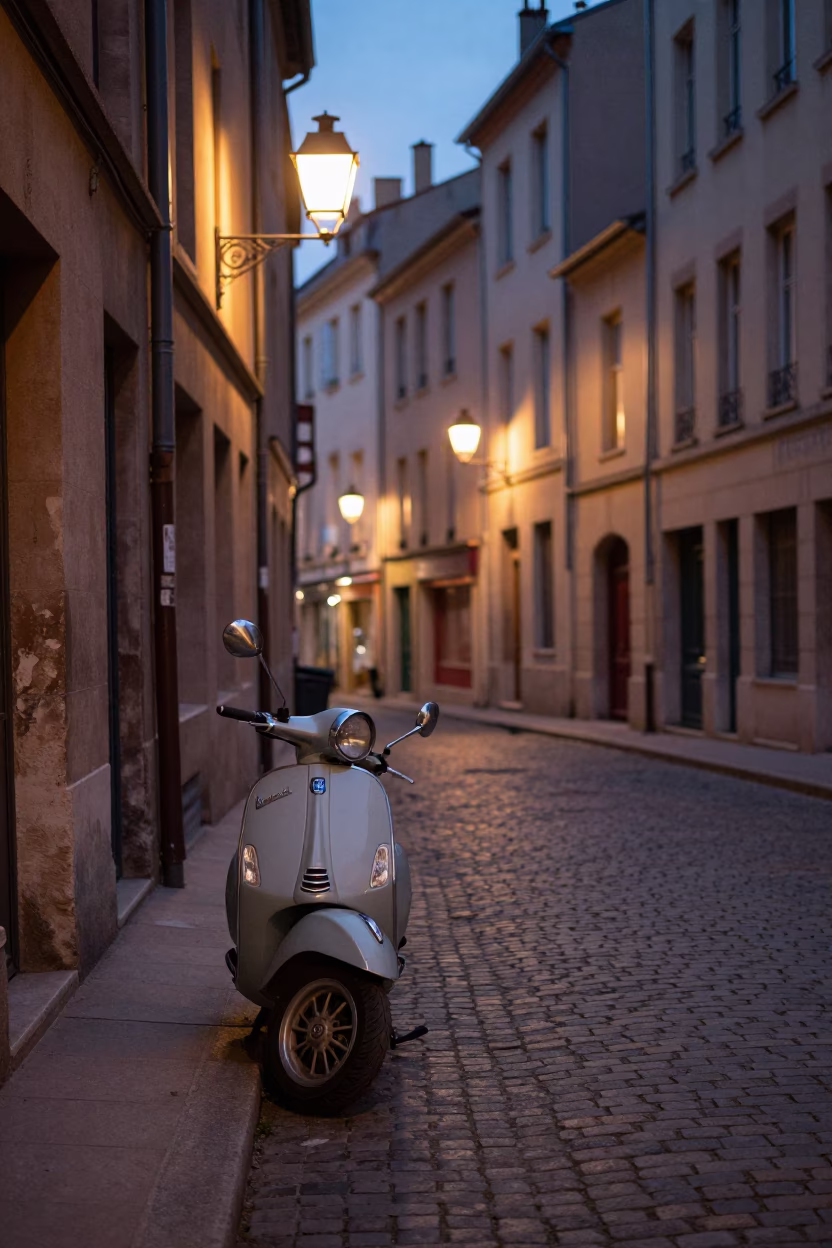 Evening Street Scene in Lyon France with Vintage Vespa and Cobblestone Lane in in Lyon, France