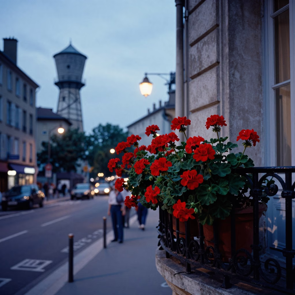 Evening Street Scene in Lyon France with Water Tower and Geraniums in in Lyon, France