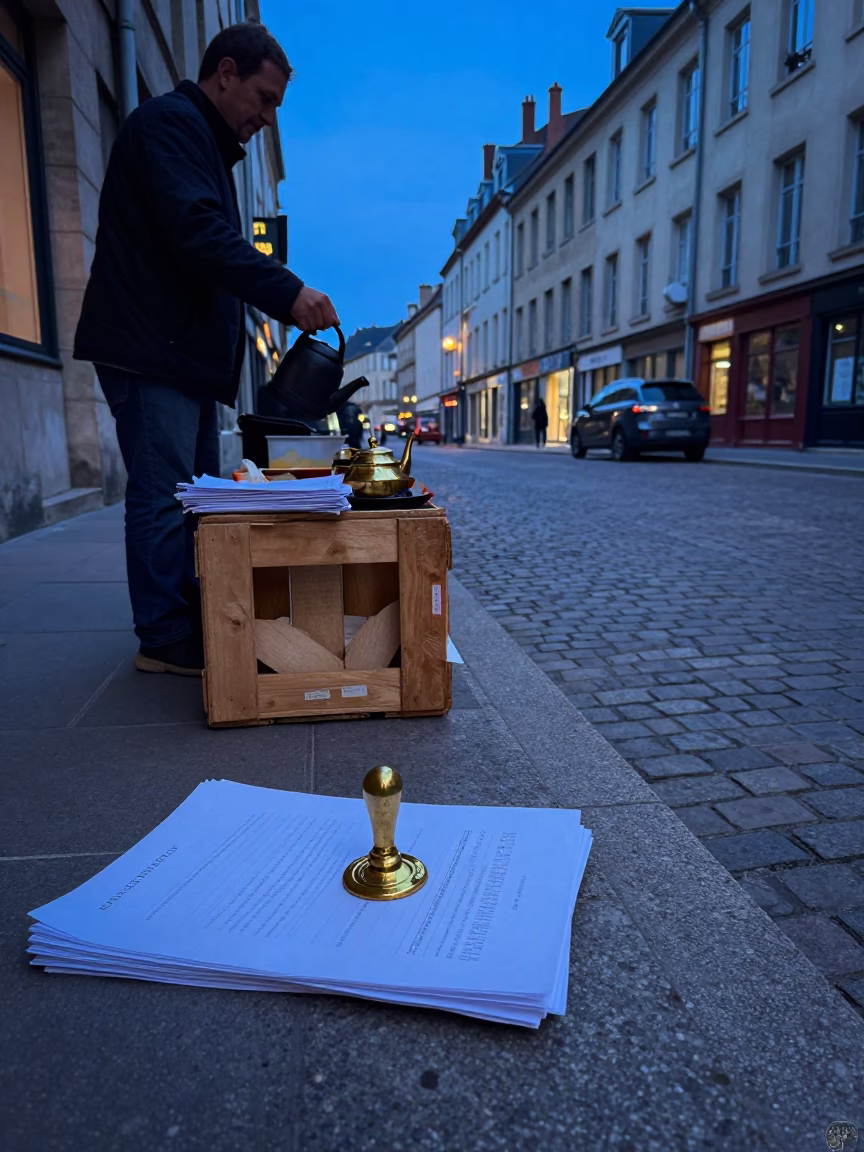 Evening Street Scene in Lyon France with Wax Seal and Watering Jug in in Lyon, France
