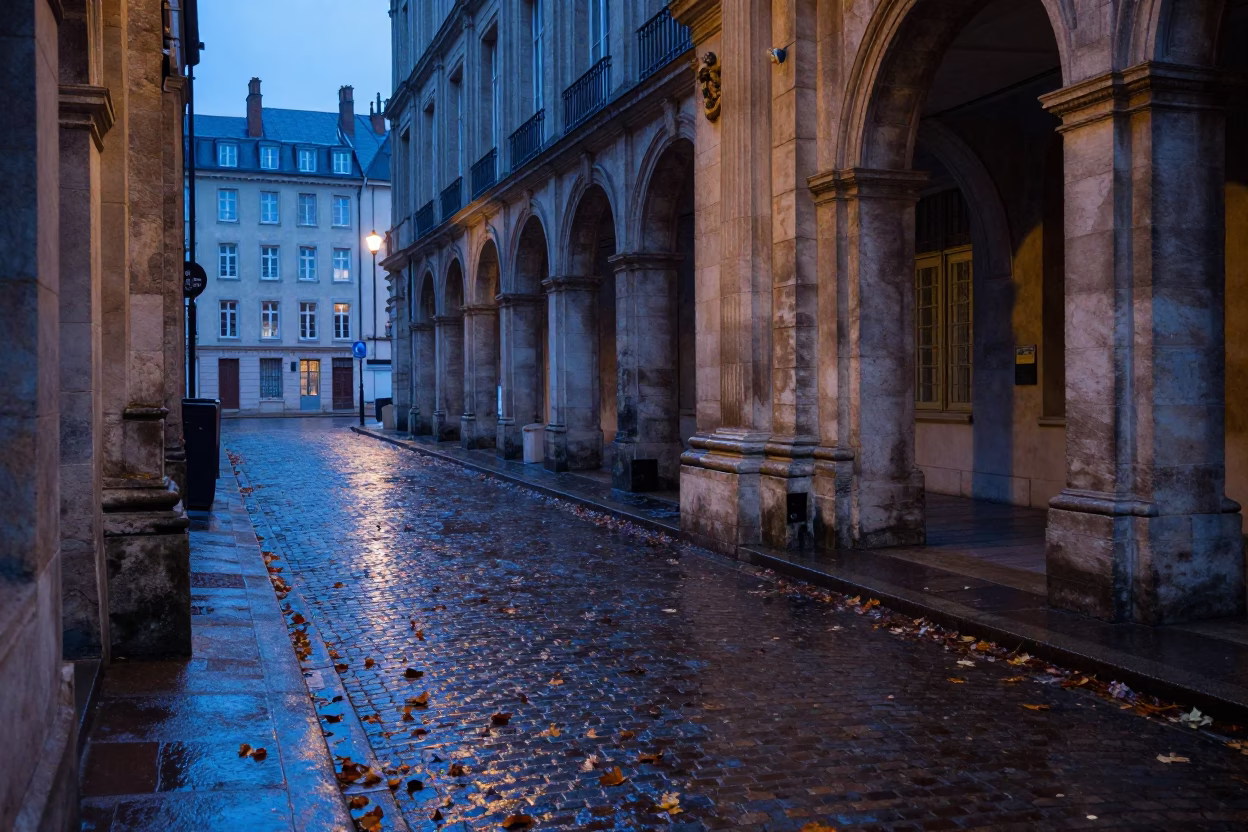 Evening Street Scene in Lyon France with Wet Leaves and Historic Architecture in in Lyon, France