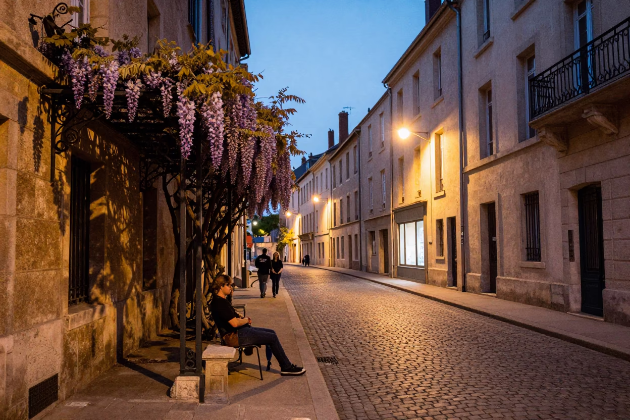 Evening Street Scene in Lyon France with Wisteria and Cobblestone Architecture in in Lyon, France