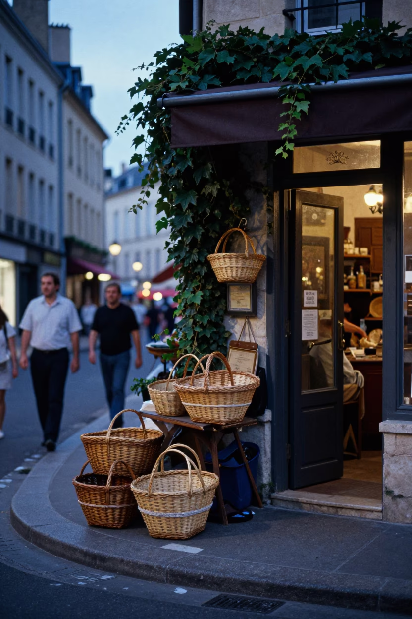 Evening Street Scene in Lyon France with Woven Baskets and Ivy Vines in in Lyon, France
