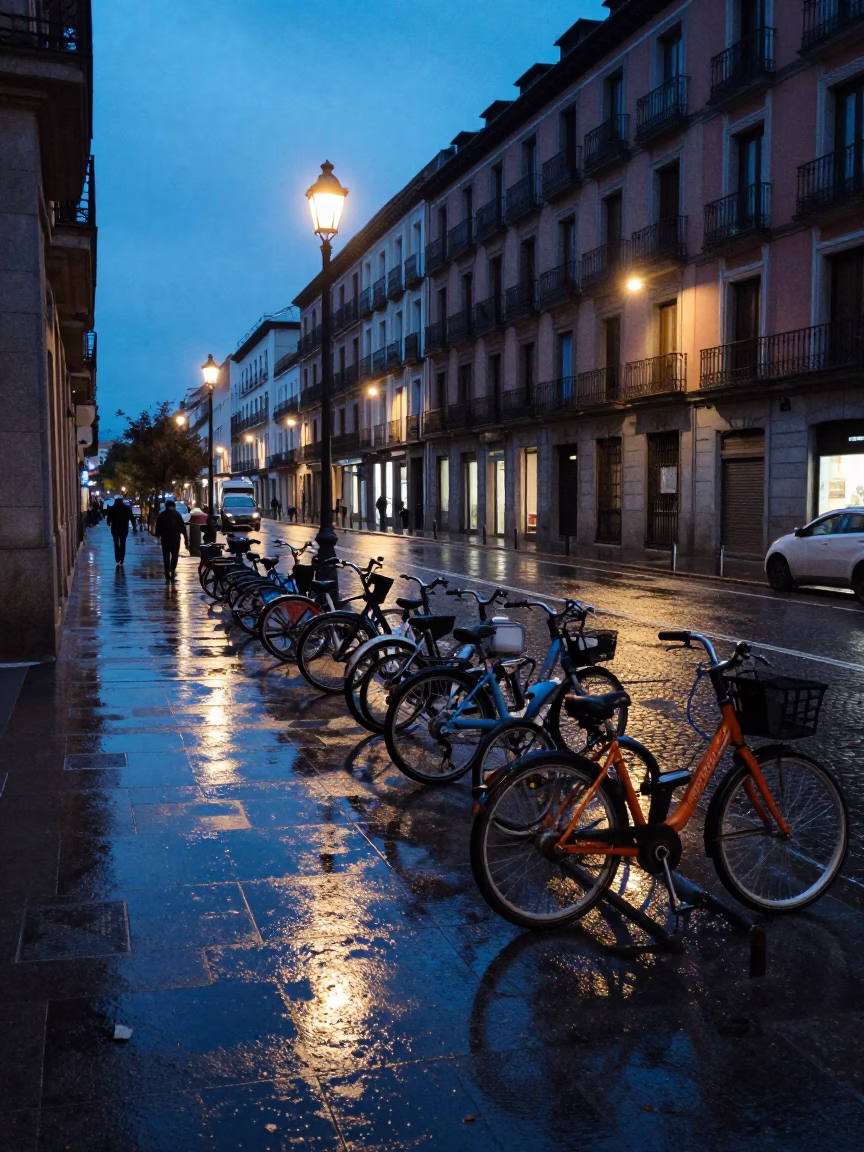Evening Street Scene in Madrid Spain with Bicycle Rack and Urban Details in in Madrid, Spain