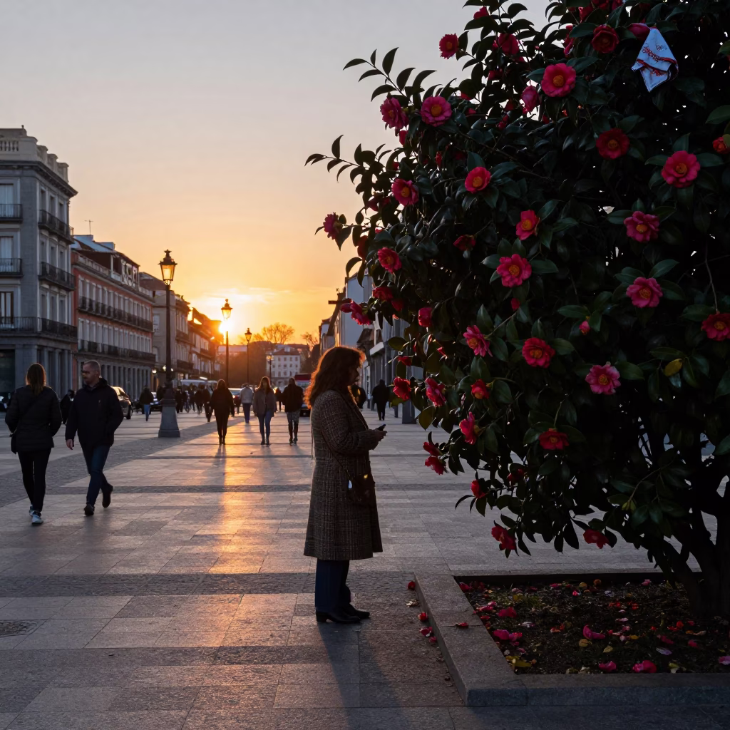 Evening Street Scene in Madrid Spain with Camellia Bush and Handkerchief in in Madrid, Spain