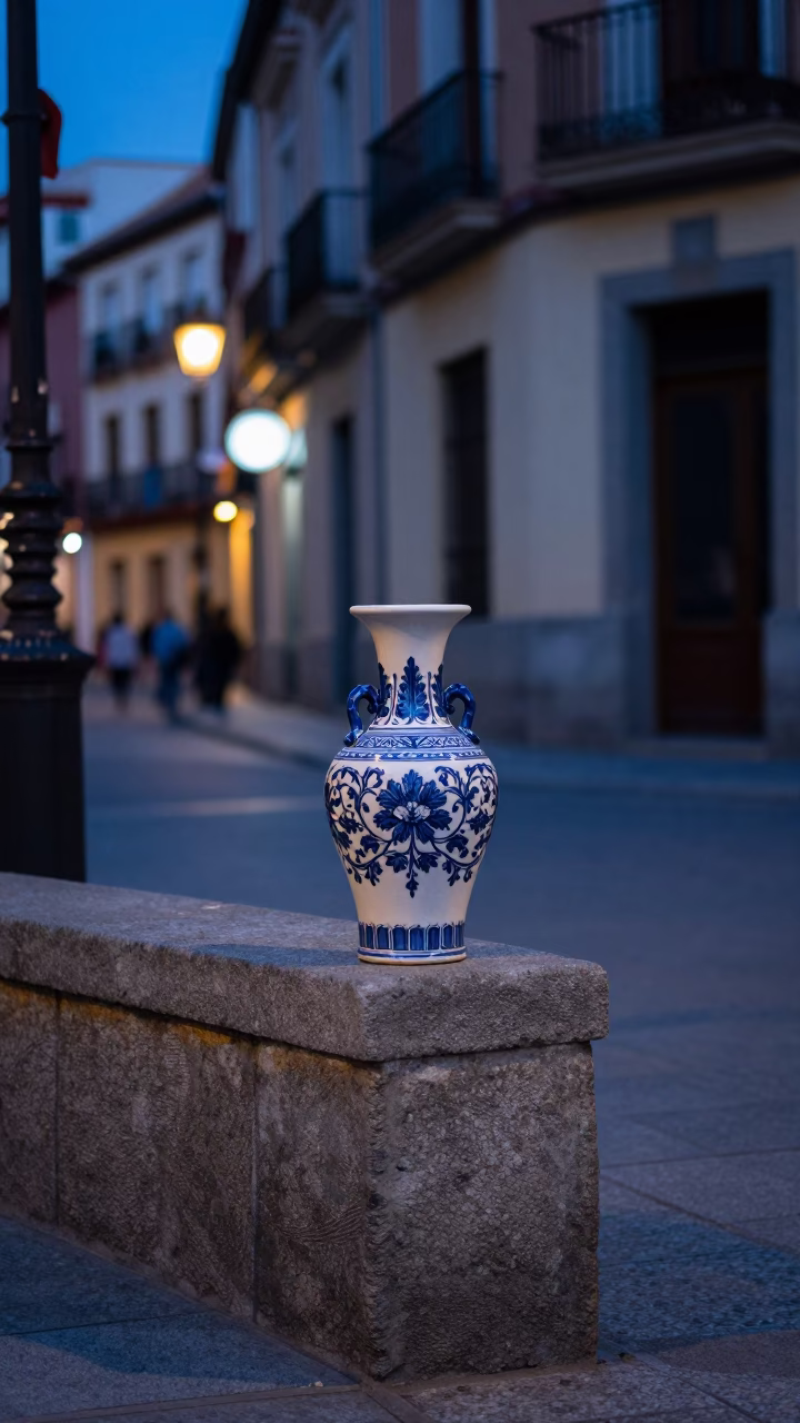 Evening street scene in Madrid Spain with ceramic vase and blue twilight sky in in Madrid, Spain