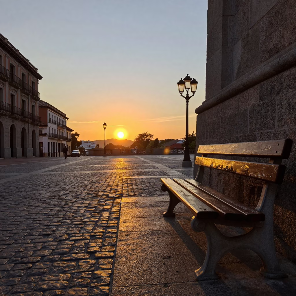 Evening Street Scene in Madrid Spain with Cobblestones and Sunset Light in in Madrid, Spain