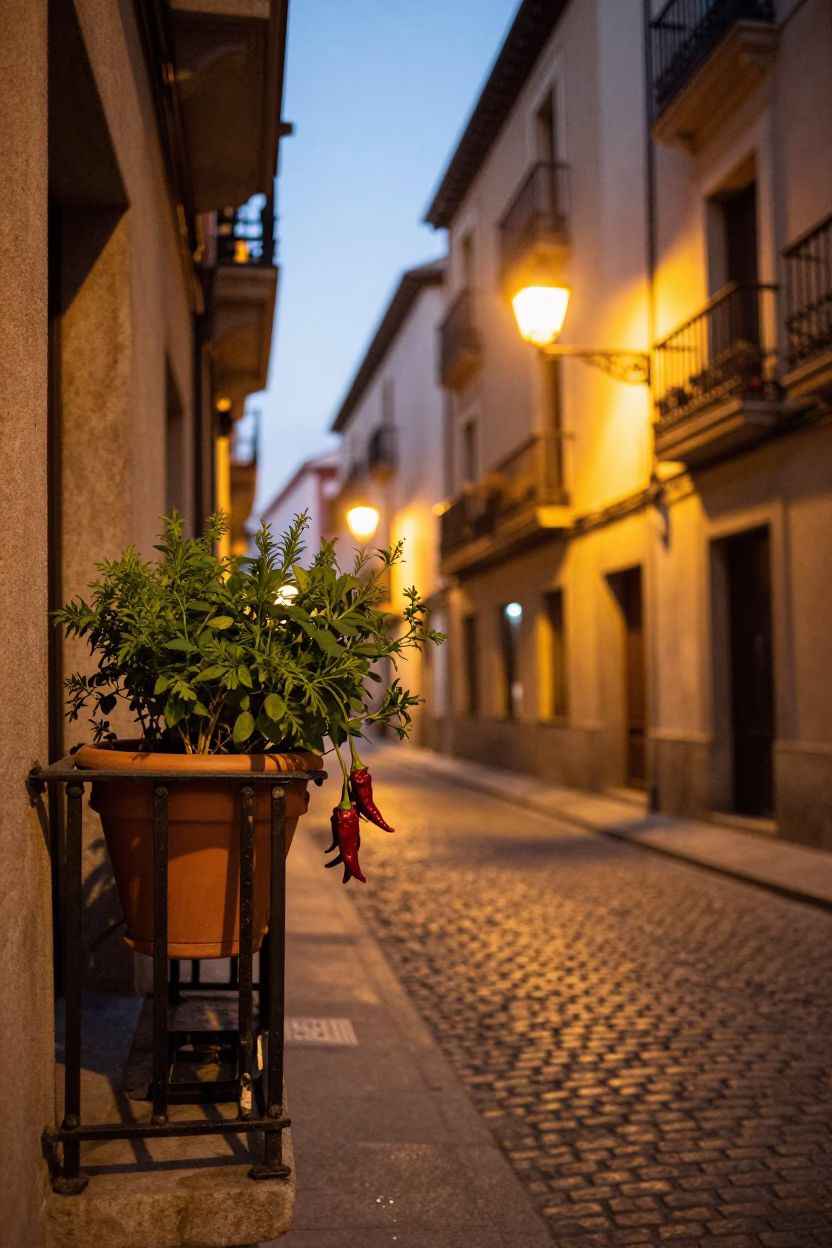 Evening Street Scene in Madrid Spain with Flowerpot and Chili Peppers in in Madrid, Spain