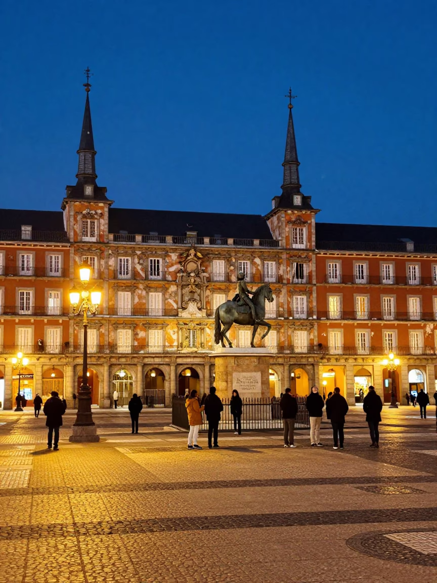 Evening Street Scene in Madrid Spain with Glowing City Lights and Traditional Architecture in in Madrid, Spain