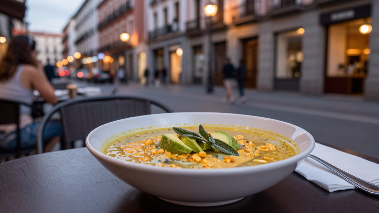 Evening street scene in Madrid Spain with local dining and architectural details in in Madrid, Spain