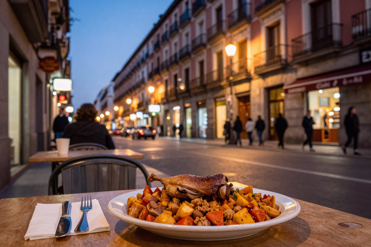 Evening Street Scene in Madrid Spain with Local Dining and Traditional Architecture in in Madrid, Spain