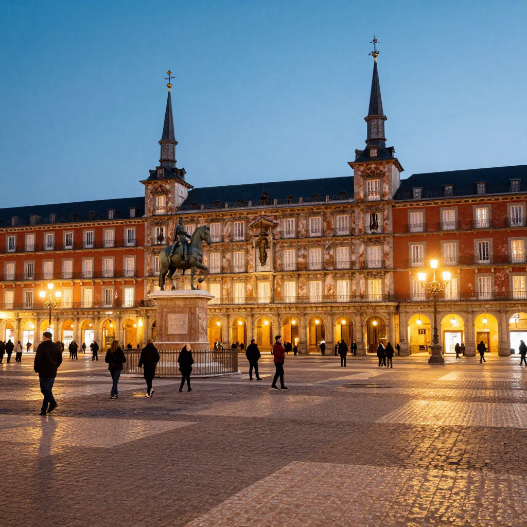 Evening Street Scene in Madrid Spain with Neon Lights and Urban Activity in in Madrid, Spain