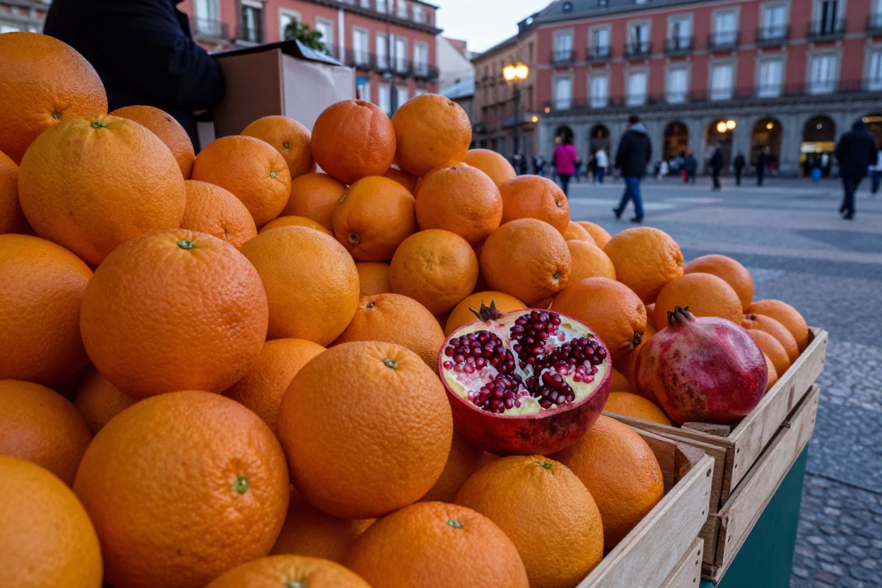 Evening Street Scene in Madrid Spain with Oranges and Pomegranate on Market Stall in in Madrid, Spain