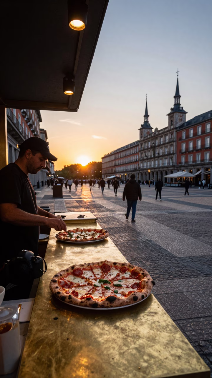 Evening Street Scene in Madrid Spain with Pizza and Brass Countertop in in Madrid, Spain