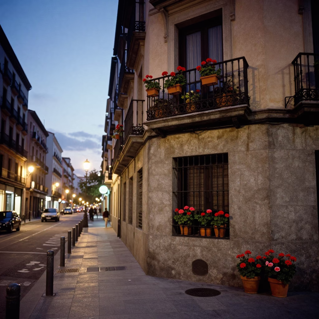 Evening Street Scene in Madrid Spain with Potted Geraniums and Urban Architecture in in Madrid, Spain
