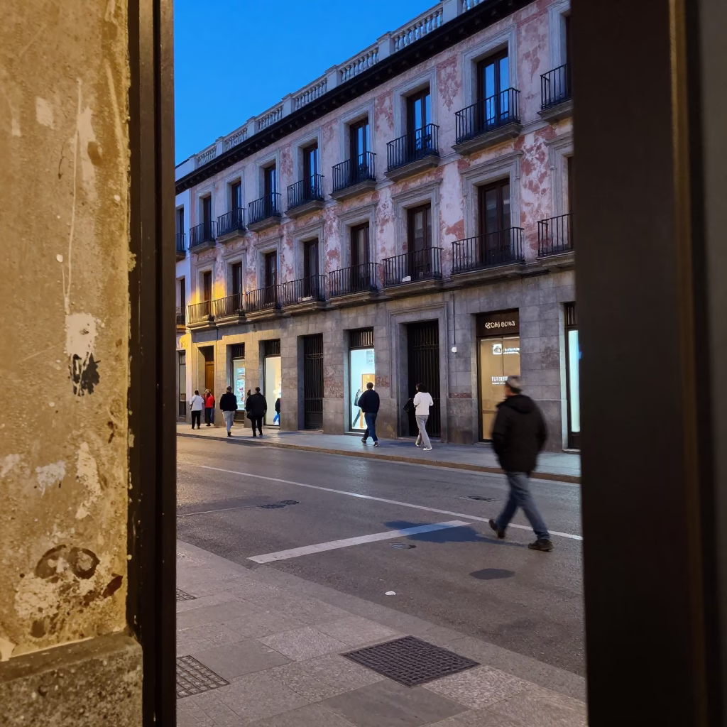 Evening Street Scene in Madrid Spain with Smudges on Doorframe and Amulet in in Madrid, Spain