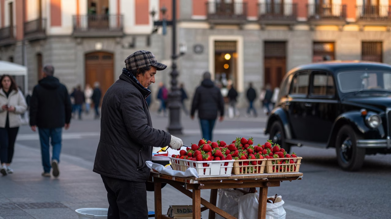 Evening Street Scene in Madrid Spain with Strawberry Vendor and Vintage Car in in Madrid, Spain