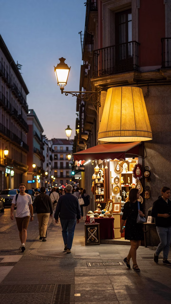 Evening Street Scene in Madrid Spain with Traditional Lampshade and Urban Activity in in Madrid, Spain