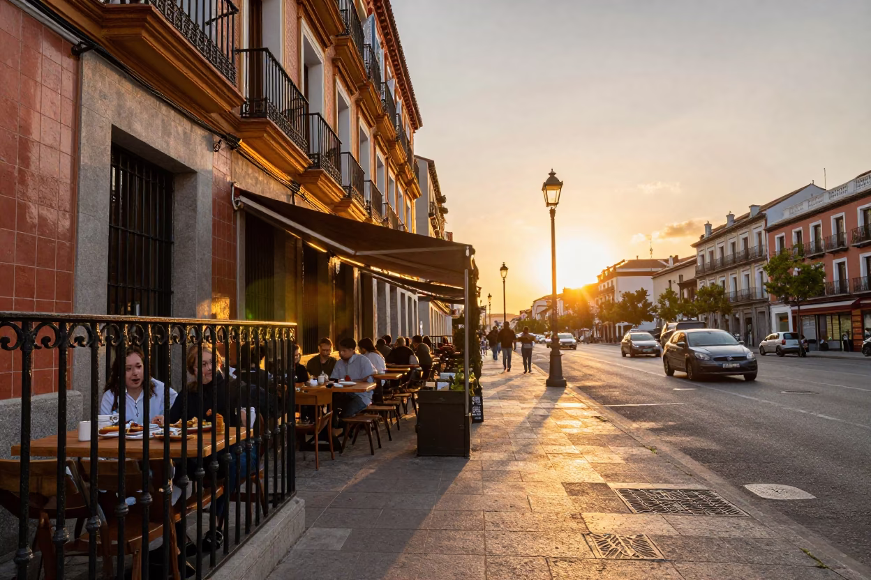 Evening Street Scene in Madrid Spain with Traditional Tapas and Local Life in in Madrid, Spain
