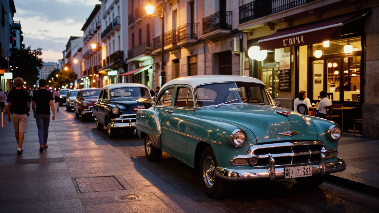 Evening Street Scene in Madrid Spain with Vintage Cars and City Lights in in Madrid, Spain