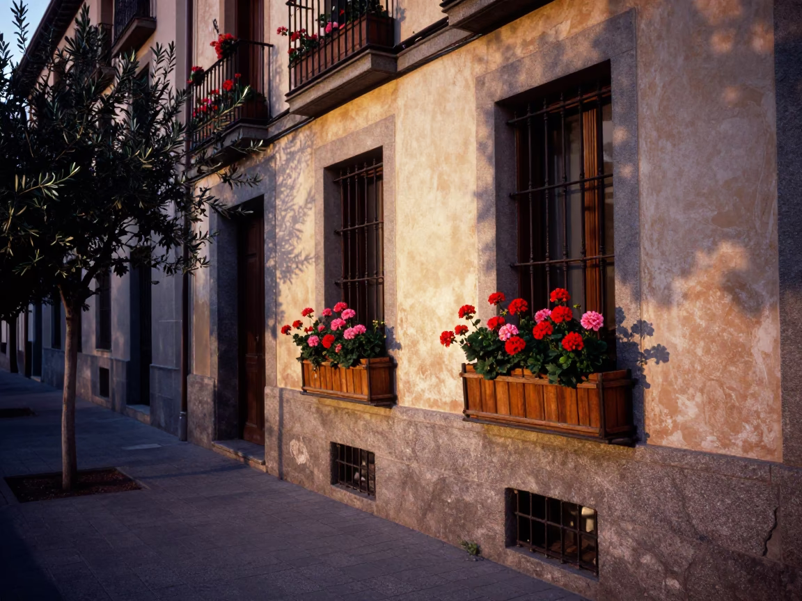 Evening Street Scene in Madrid Spain with Window Boxes and Olive Branch in in Madrid, Spain